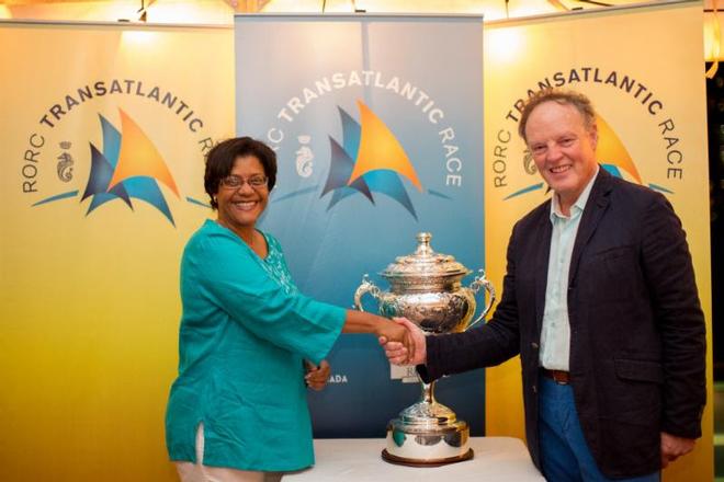 Nikoyan Roberts, Grenada Tourism Authority and Michael Boyd, Commodore Royal Ocean Racing Club - RORC Transatlantic Race ©  Arthur Daniels / RORC